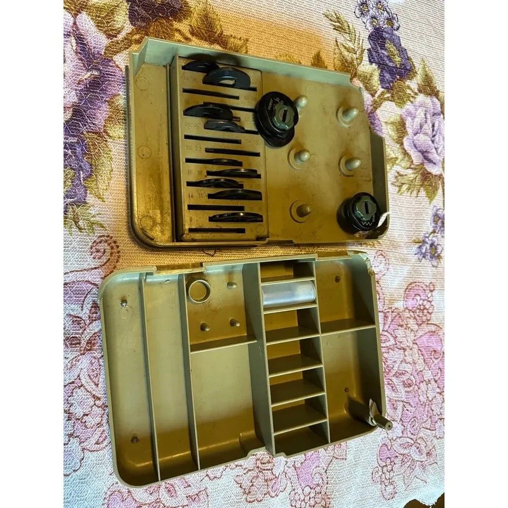 Vintage sewing machine stitch pattern cams lock with divided storage case